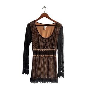 Sophie Max Black Lace Crochet‎ Trim Long Sleeve Tunic Top Tan Lining 2B11876 L